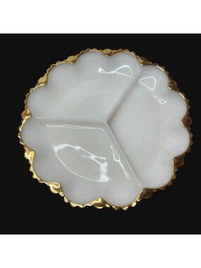 Vintage White Milk Glass Divided Serving Plate With Gold Scalloped Edge